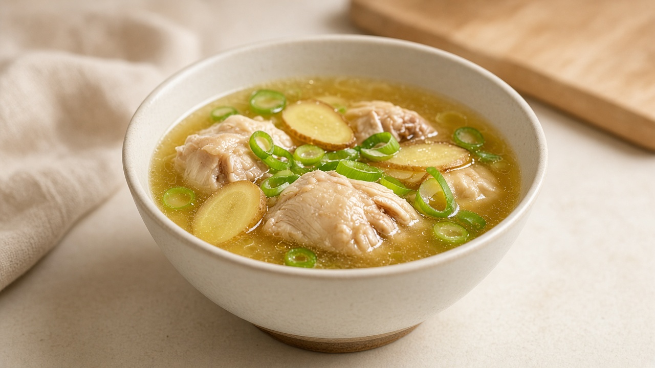 Bowl of ginger scallion chicken soup with clear broth