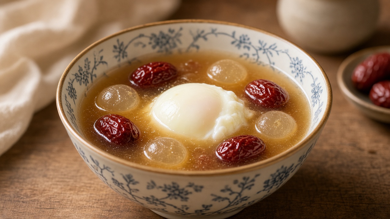 Sweet red date longan egg soup in a ceramic bowl